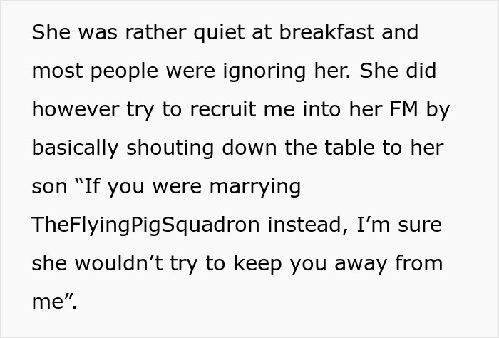 A woman's drunken tantrum about her son's honeymoon trip at a hotel, trying to recruit a guest.