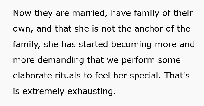 Text detailing how demanding the attention-seeker mom has become for her family. Text detailing how demanding the attention-seeker mom has become for her family.