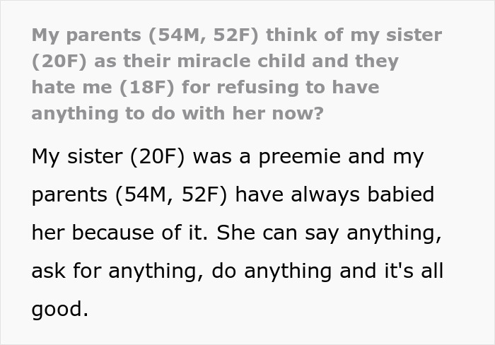 20YO Receives Special Treatment From Parents For Being Preemie, Bullies 18YO Causing Her To Leave 20YO Receives Special Treatment From Parents For Being Preemie, Bullies 18YO Causing Her To Leave