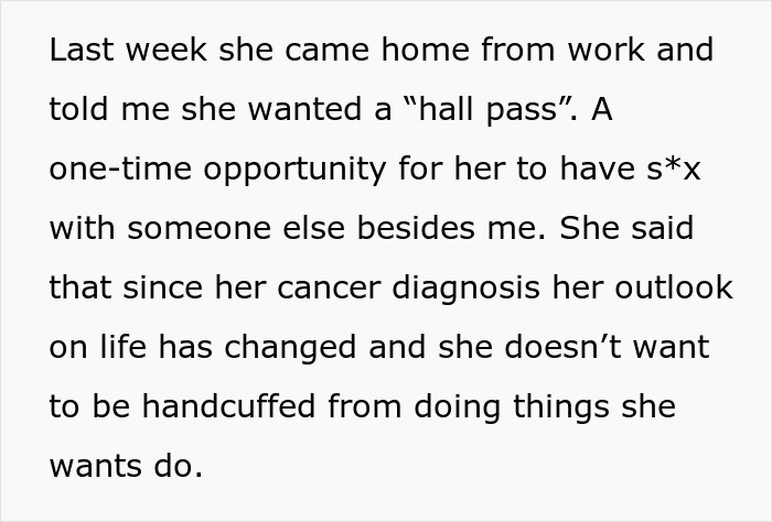Cancer Survivor Wants To Live Life To Fullest, Wants Hubby To Be Okay With Her Hall Pass Request Cancer Survivor Wants To Live Life To Fullest, Wants Hubby To Be Okay With Her Hall Pass Request
