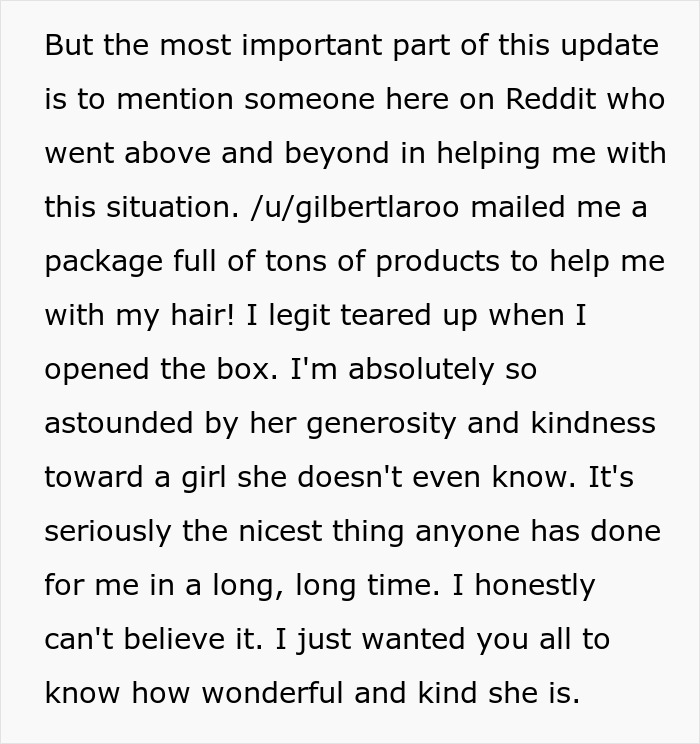 A woman describes receiving a package of hair products from a Reddit user, feeling touched by the kindness.