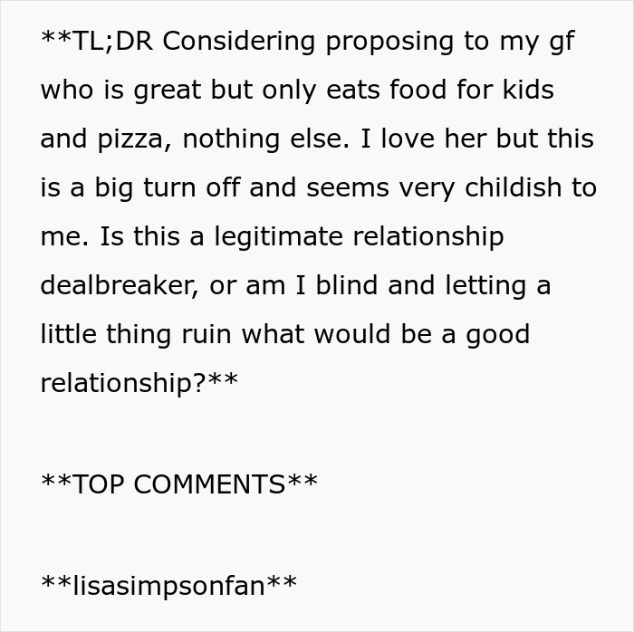 Reddit post discussing a picky eater girlfriend and relationship concerns. Reddit post discussing a picky eater girlfriend and relationship concerns.