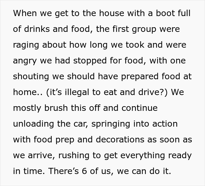 A screenshot of text describing the arrival at the house for the bachelorette party, greeted with screaming matches about preparation. A screenshot of text describing the arrival at the house for the bachelorette party, greeted with screaming matches about preparation.