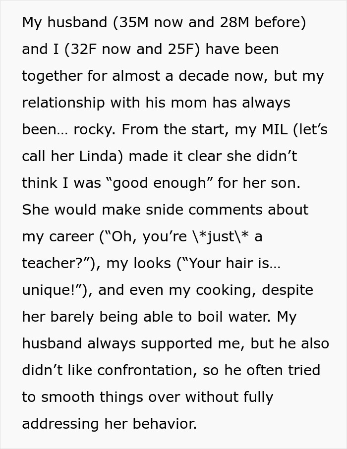 Screenshot of text detailing a rocky relationship with MIL leading up to a son's wedding.
