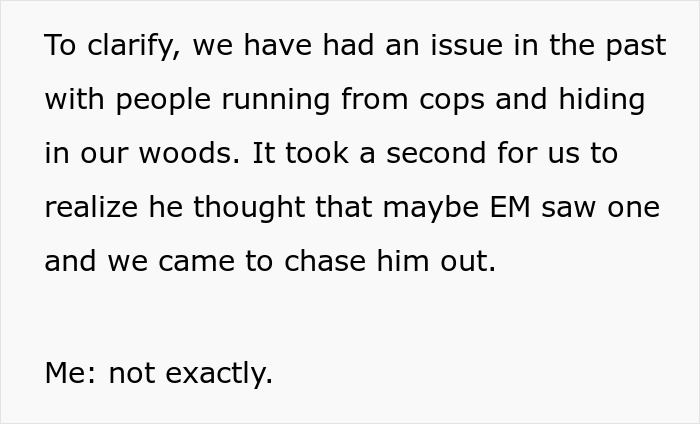 Clarification of past issues with trespassing in the woods, relating to the mom calling cops. Clarification of past issues with trespassing in the woods, relating to the mom calling cops.