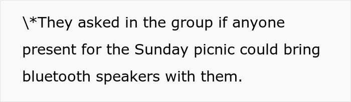 Text mentioning a request for guests to bring Bluetooth speakers to a Sunday wedding picnic Text mentioning a request for guests to bring Bluetooth speakers to a Sunday wedding picnic