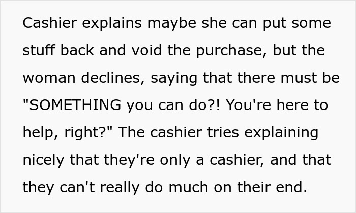 Text showing a customer at Walmart trying to guilt shoppers, declining to put items back to cover her purchase. Text showing a customer at Walmart trying to guilt shoppers, declining to put items back to cover her purchase.