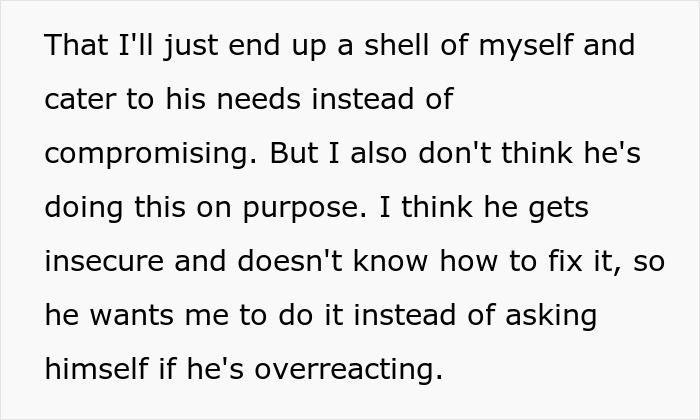 Text explaining a toxic guy's insecurity causing him to control his GF with jealousy and rules.
