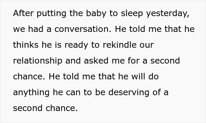 Text snippet: He thinks he is ready to rekindle our relationship, concerning the pregnant woman and her husband. Text snippet: He thinks he is ready to rekindle our relationship, concerning the pregnant woman and her husband.