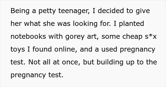 Text describing a teen's retaliation to a religious mom's snooping with planted items like gory art and a pregnancy test.