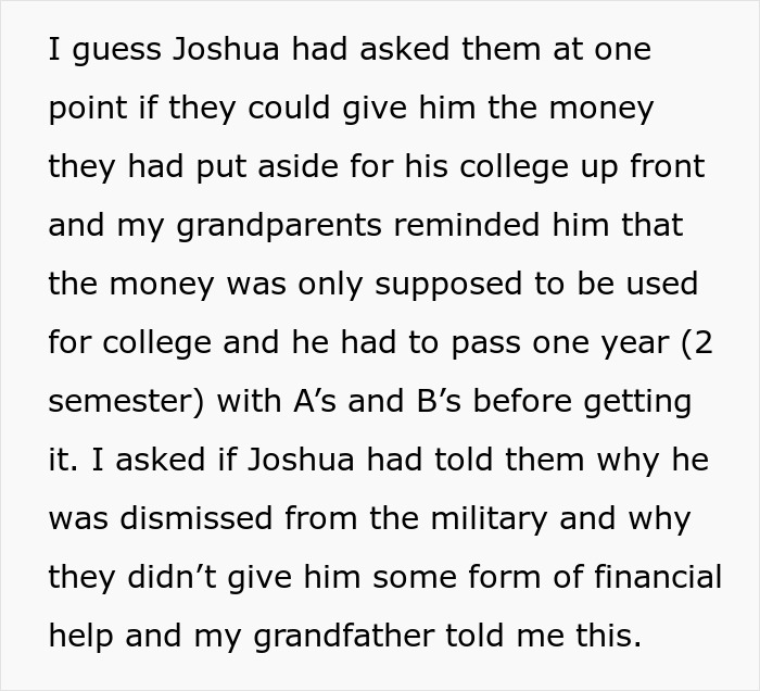Text about 18YO parents expecting her to give her room to jobless bro, discussing college money for Joshua. Text about 18YO parents expecting her to give her room to jobless bro, discussing college money for Joshua.