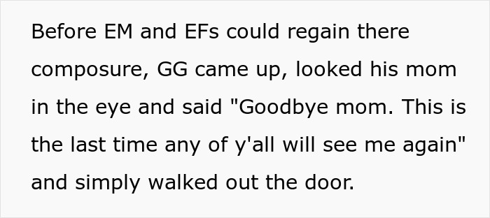Text snippet detailing a relative leaving a family at grandma's funeral. Text snippet detailing a relative leaving a family at grandma's funeral.