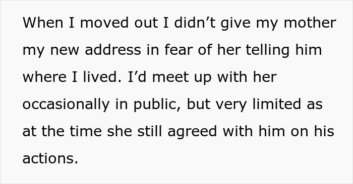 A screenshot of text describing a 19YO stepdaughter not giving her mother her new address due to ridiculous house rules. A screenshot of text describing a 19YO stepdaughter not giving her mother her new address due to ridiculous house rules.