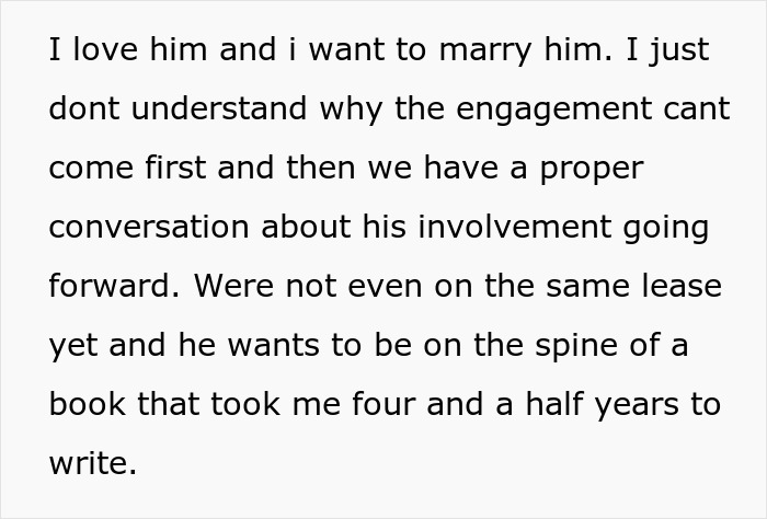 A screenshot of a post where a girlfriend discusses her boyfriend wanting his name on her book.