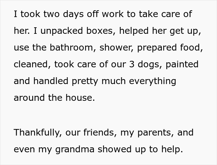 Text about caring for girlfriend after accident and handling household responsibilities alone