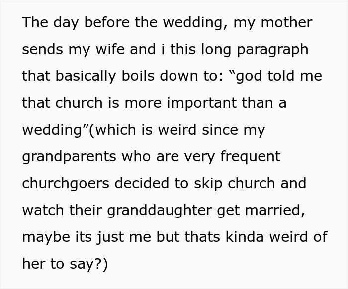 Text snippet: Bride's mom chooses church over wedding, upsetting her, and missing family photos.