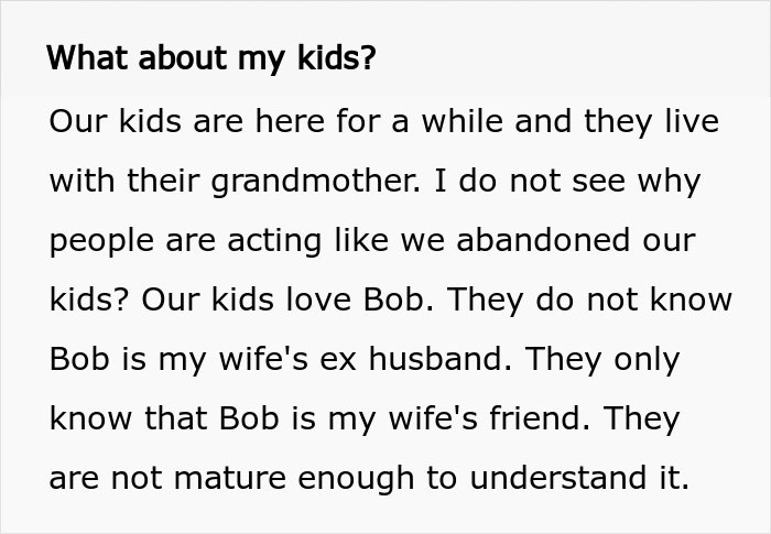 A screenshot discussing a husband's accident, a conversation about their kids and an ex-wife.