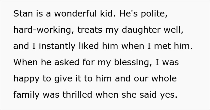 Text describing fiancé's polite nature and family approval Text describing fiancé's polite nature and family approval