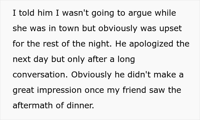 The GF recalls the aftermath of a dinner, where the toxic guy's jealousy and ridiculous rules caused upset.