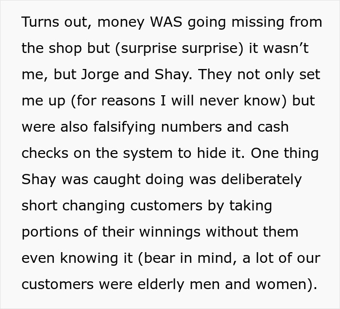 Screenshot of text detailing how money was missing and exposing thieves Jorge and Shay, who set him up.