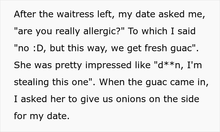 Diners admit to lying about onion allergy for fresh guacamole at a restaurant, avoiding the emergency room.