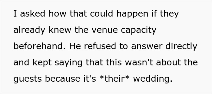 Text: Groom refused to answer about venue capacity, saying it's their wedding, not about guests. Text: Groom refused to answer about venue capacity, saying it's their wedding, not about guests.