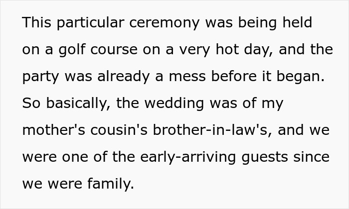 Text describing chaotic golf course wedding on a hot day with family guests