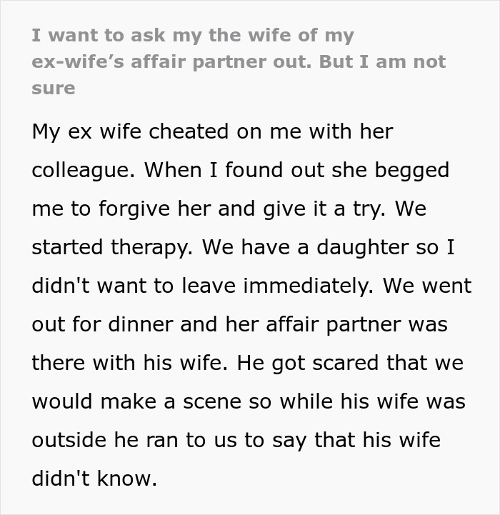 Text about forgiving wife's affair partner and their wife not knowing Text about forgiving wife's affair partner and their wife not knowing