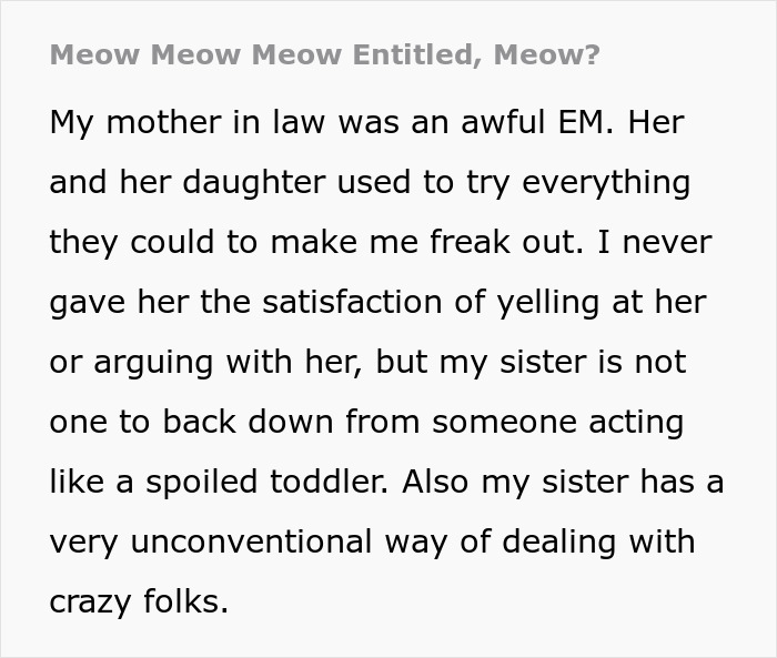 Text snippet explaining the mother-in-law (MIL) was an awful EM and the sister's unconventional way to end confrontation. Text snippet explaining the mother-in-law (MIL) was an awful EM and the sister's unconventional way to end confrontation.