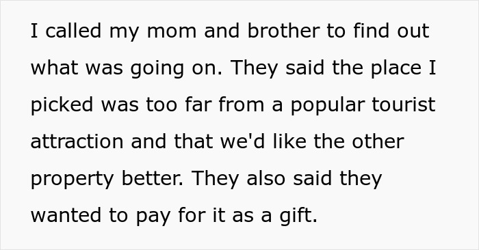 The text shows the parents hijacking family vacation plans, offering to pay for a new property as a gift. The text shows the parents hijacking family vacation plans, offering to pay for a new property as a gift.