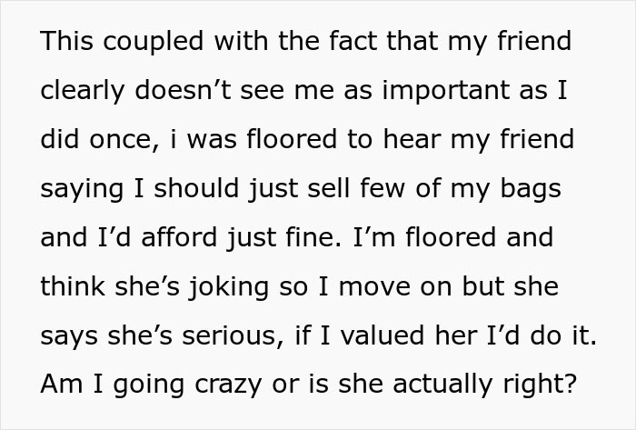 Text about friendship, value, and selling designer bags for a wedding