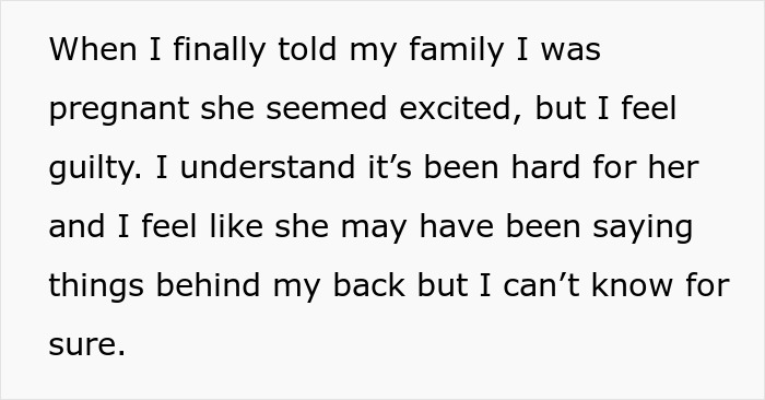 Text about family reaction to pregnancy and feeling guilty about half sister Text about family reaction to pregnancy and feeling guilty about half sister