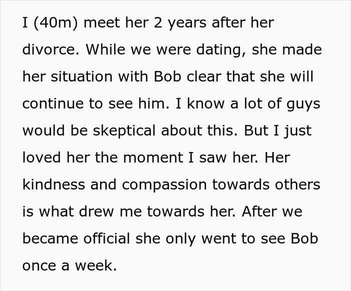 Text about a new partner accepting the ex-wife's ongoing visits to her ex-husband after his accident.
