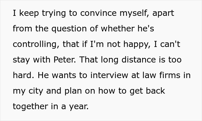 Screenshot of text about the struggles with a toxic guy and his jealous, controlling rules.