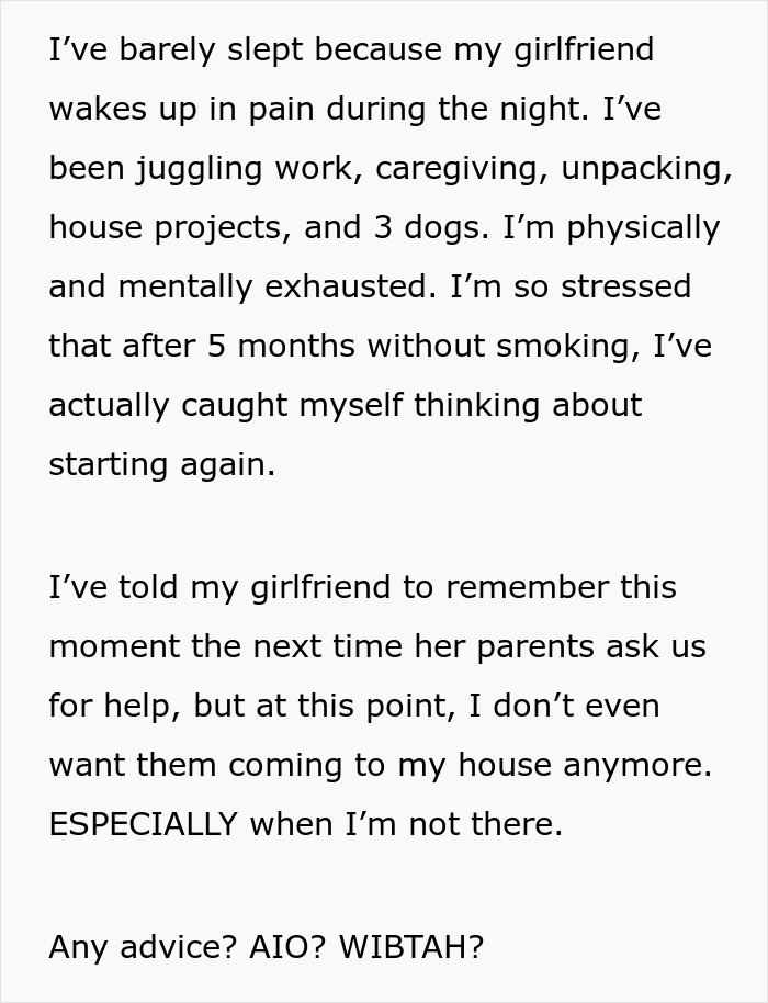 Text about exhaustion caring for girlfriend after back injury and dealing with homophobic parents