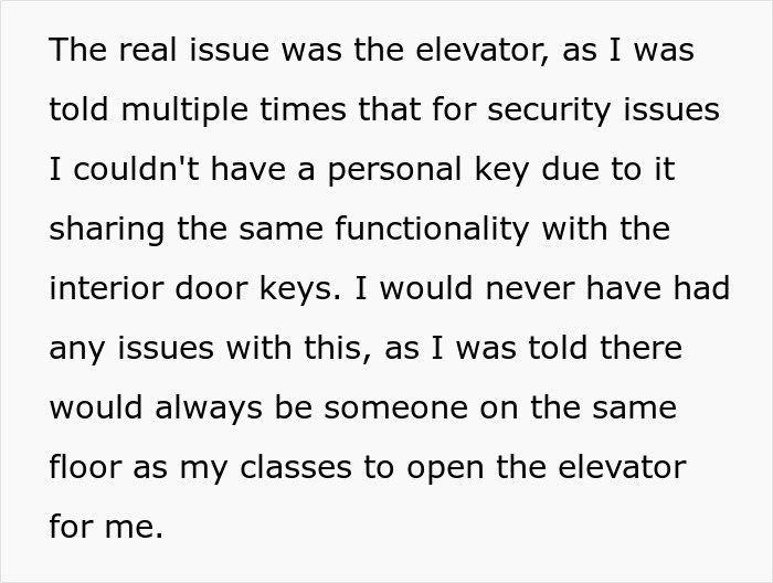 Screenshot of text about the real issue with the elevator key for a disabled teen at school due to security issues.