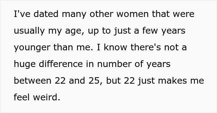 Text reflecting on dating women close in age and discomfort with age 22