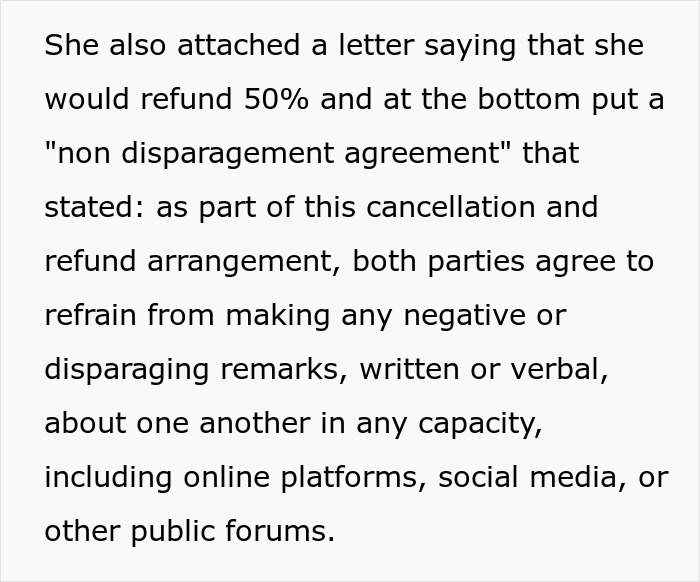 Text about refund and non disparagement agreement after wedding cancellation