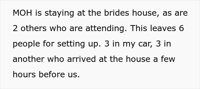 A screenshot of text explaining the setup arrangements for the bachelorette party, with the MOH and others. A screenshot of text explaining the setup arrangements for the bachelorette party, with the MOH and others.