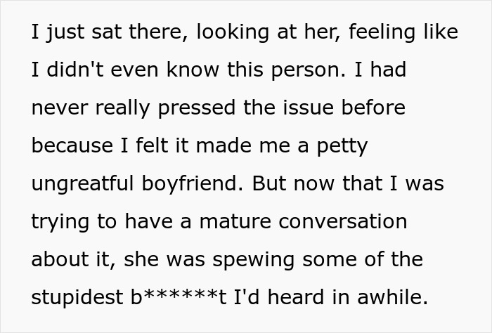 A screenshot of text describing a relationship conflict with a picky eater girlfriend. A screenshot of text describing a relationship conflict with a picky eater girlfriend.