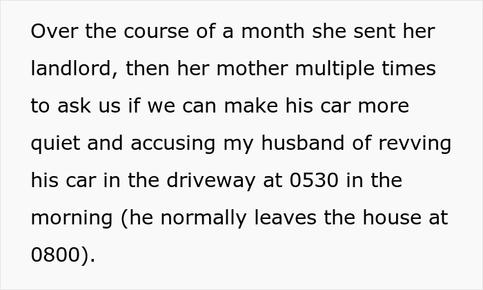 Screenshot of text describing the anxious neighbor's multiple complaints about the guy's car. Screenshot of text describing the anxious neighbor's multiple complaints about the guy's car.