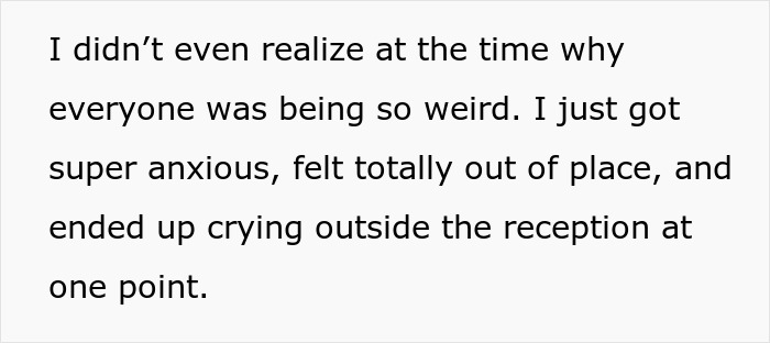 Text about the woman feeling anxious and crying outside the reception due to her wedding attire mistake. Text about the woman feeling anxious and crying outside the reception due to her wedding attire mistake.