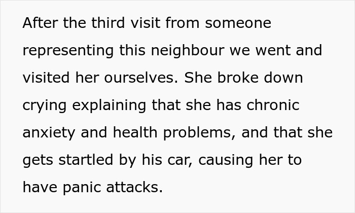 Text explaining the anxious neighbor's chronic anxiety and panic attacks caused by the guy's car. Text explaining the anxious neighbor's chronic anxiety and panic attacks caused by the guy's car.