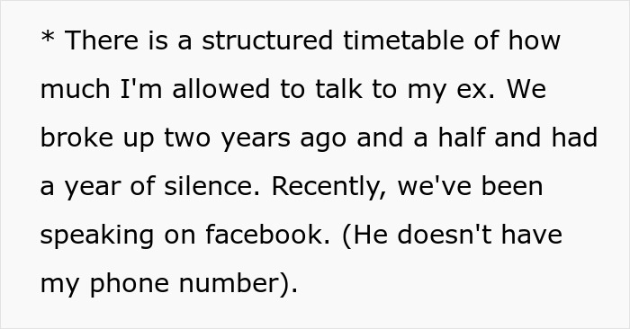 Text outlining a toxic guy's jealousy and ridiculous rules about his GF talking to an ex, even without a number.
