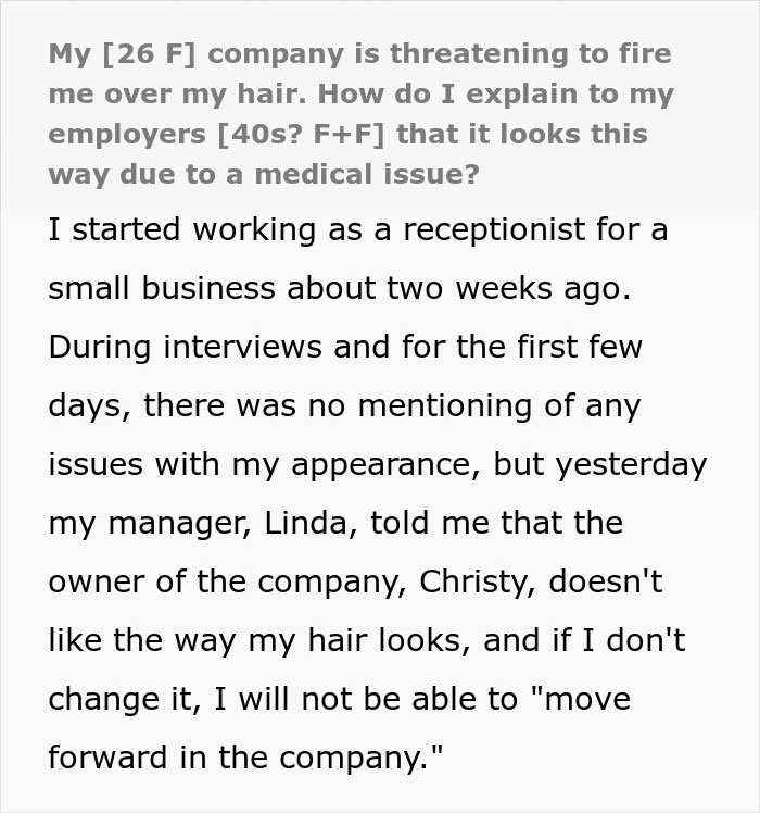 Screenshot of text: My company is threatening to fire me over my messy hair, and my job might be on the line.
