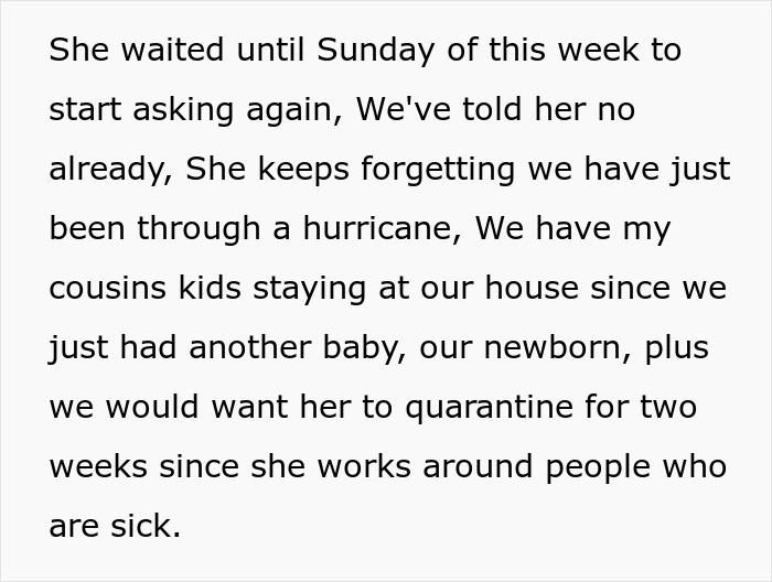 A message about a MIL repeatedly asking to see a newborn after a pregnant woman's contractions, despite reasons not to.