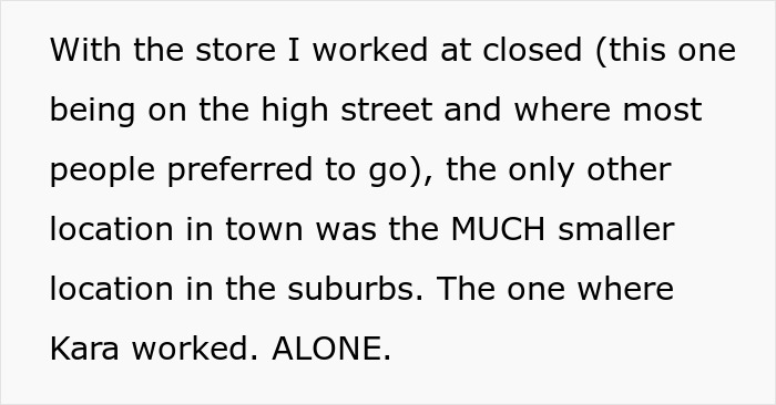 Text: Store where Kara worked alone closed, contributing to the guy's revenge on the company.