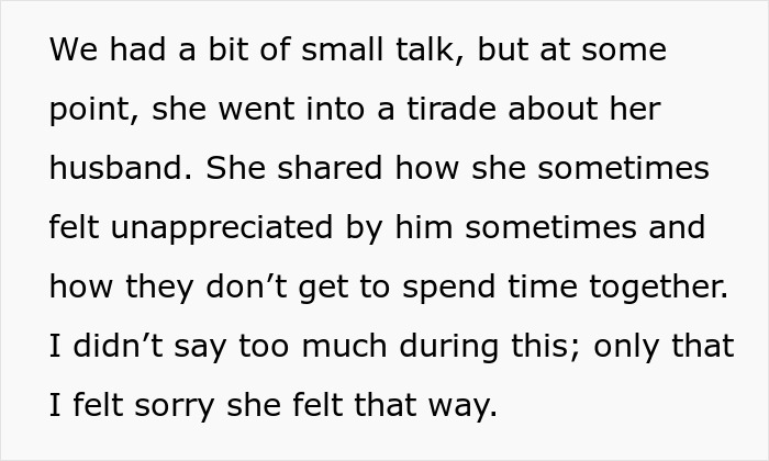 Text snippet: Wife's creepy friend flirts with hubby, discussing her marital issues.