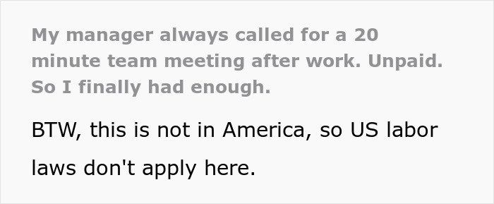 Text detailing how a new hire dealt with management's illegal shenanigans of unpaid team meetings.