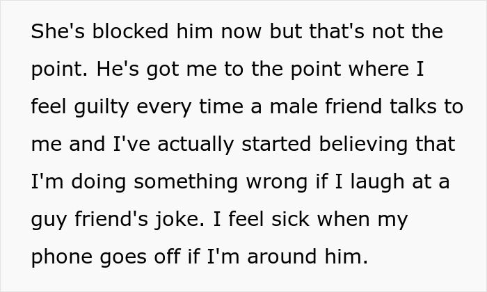 Text showing how a toxic guy's jealousy and ridiculous rules make his girlfriend feel guilty and sick.